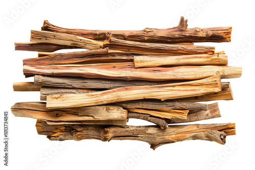 Cedar walking stick. Aromatic cedar wood sticks isolated on white background.