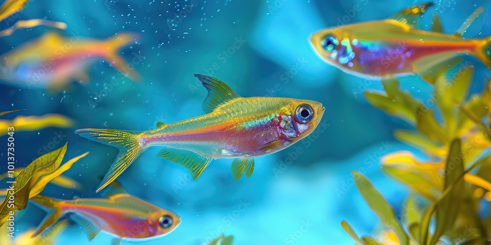 Naklejka premium Fish Finesse: A School of Neon Tetra Fish Swims Through a Planted Aquarium, Their Bright Colors Standing Out Against the Aqua Blue Backdrop