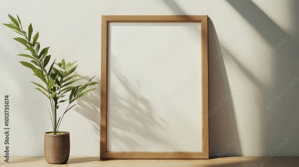 Natural light bathes a minimalist space with a wooden frame and plant, casting intricate shadows, evoking calmness. Natural light bathes a minimalist space with a wooden frame and plant, casting intricate shadows, evoking calmness.