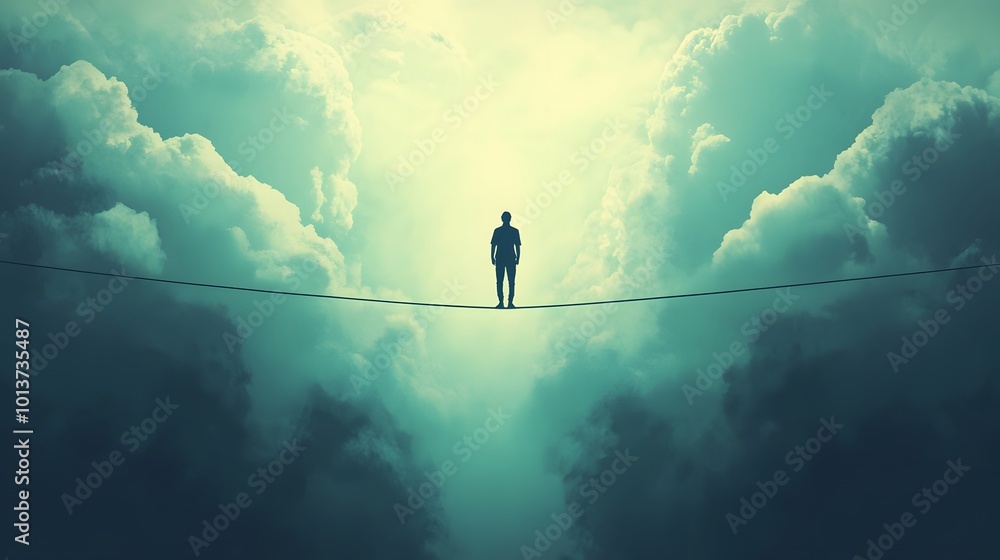 Emotional intelligence and balance depicted through a man walking a tightrope between contrasting emotional states, symbolizing psychological stability and mindfulness Emotional intelligence and balance depicted through a man walking a tightrope between contrasting emotional states, symbolizing psychological stability and mindfulness
