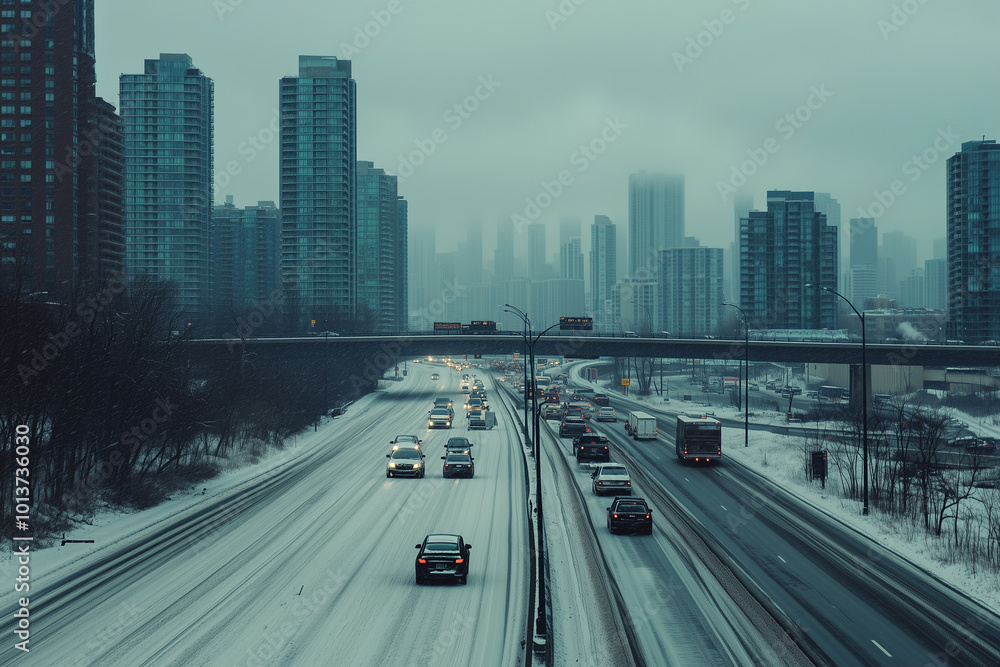 Fototapeta premium Traffic on Snowy Urban Highway