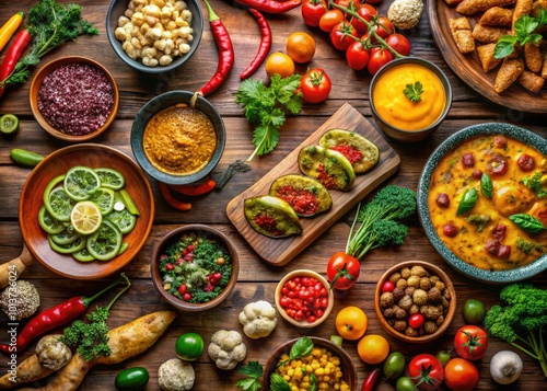 Colorful Assortment of Delicious Food Items on Wooden Table for Culinary and Recipe Inspiration