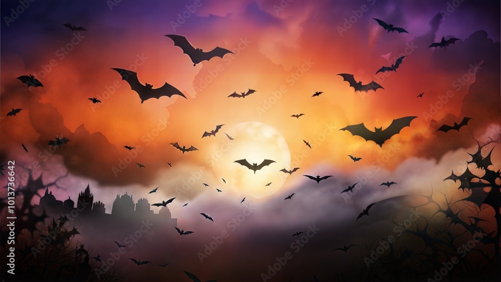 Bats flying at dusk in spooky landscape Bats flying at dusk in spooky landscape