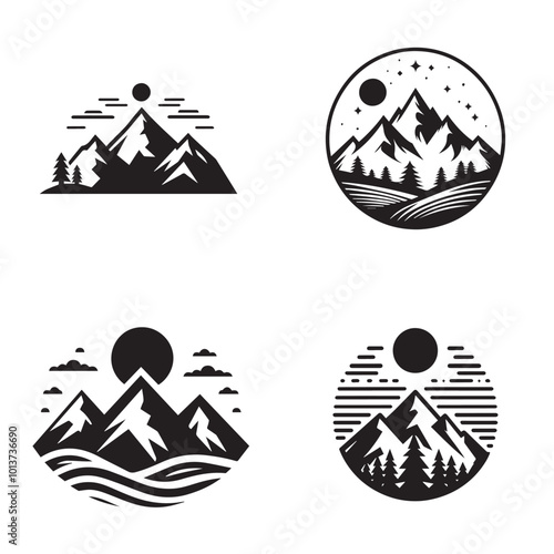 A vector collection of mountain logos in simple, elegant black and white