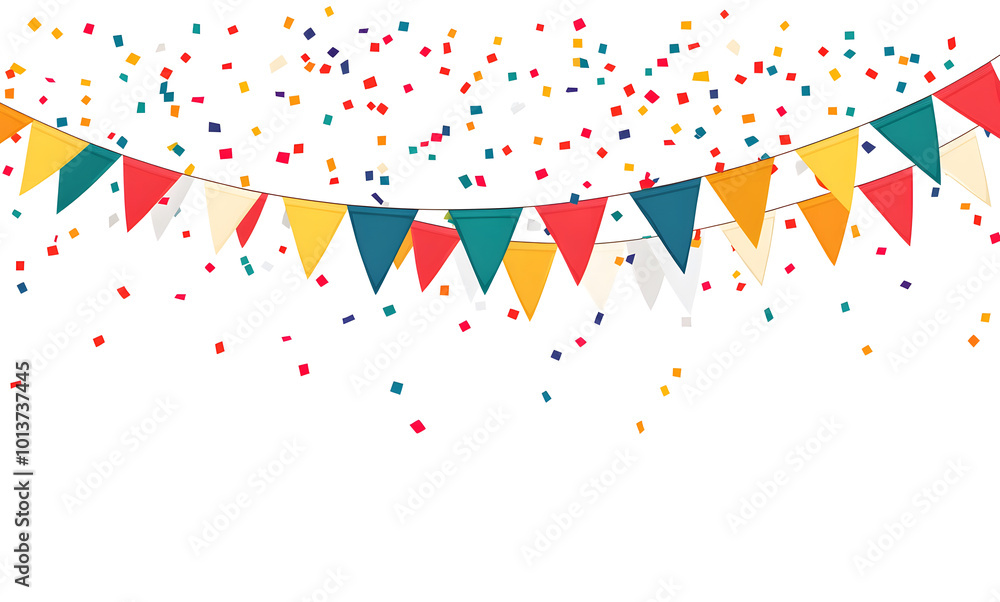The background is white, with colorful flags and confetti hanging on the sides. The colors include reds design, yellows, greens, blues, purples, pinks, oranges, dark green design The background is white, with colorful flags and confetti hanging on the sides. The colors include reds design, yellows, greens, blues, purples, pinks, oranges, dark green design