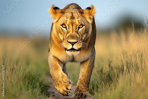 A lioness hunting in the tall grasses, her golden coat blending with the landscape as she stalks her prey, showcasing the raw power of the savannah's predators photo