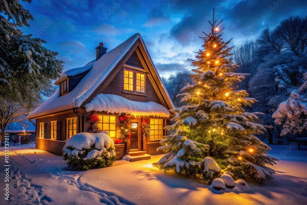 Cozy House Under Snowy Christmas Night Sky with Warm Lights and Decorated Tree in the Window Cozy House Under Snowy Christmas Night Sky with Warm Lights and Decorated Tree in the Window
