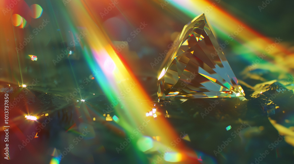 A prism light overlay effect, producing a rainbow light spectrum through the transparent flares of a diamond or crystal, illustrating sunlight dispersion or gem refraction A prism light overlay effect, producing a rainbow light spectrum through the transparent flares of a diamond or crystal, illustrating sunlight dispersion or gem refraction