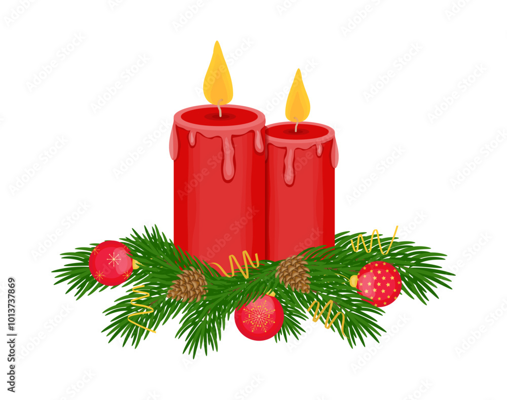Christmas red lit candles. New Year composition isolated on transparent and white background. Green fir branches with brown cones. Vector. Red balls with snowflakes and golden serpentine. Christmas red lit candles. New Year composition isolated on transparent and white background. Green fir branches with brown cones. Vector. Red balls with snowflakes and golden serpentine.