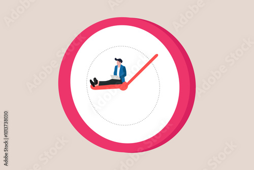 Businessman using gadget sitting on clock. concept working late night with deadline on work