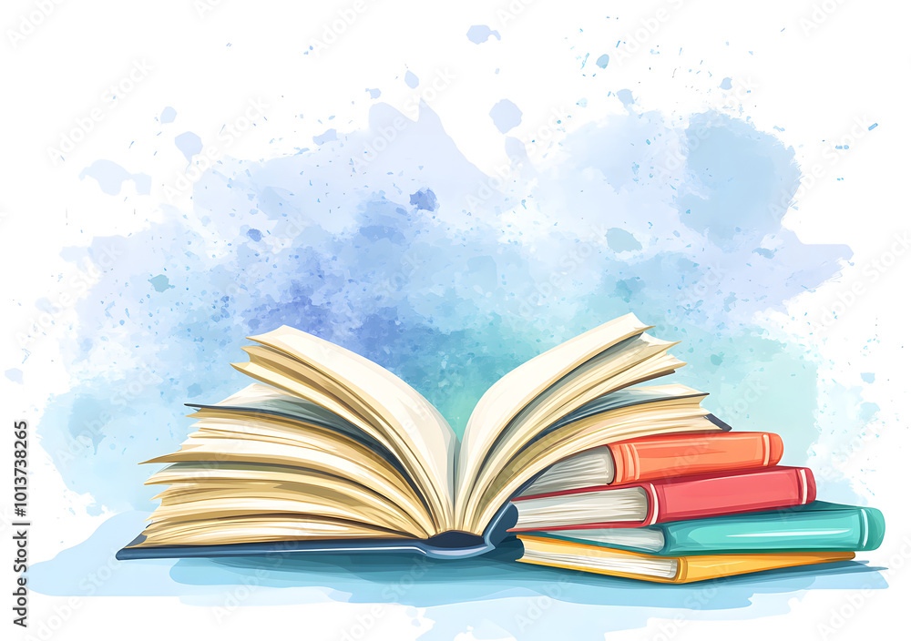 The background of the cartoon vector graphic design is white, with colorful books and watercolor splashes design The background of the cartoon vector graphic design is white, with colorful books and watercolor splashes design