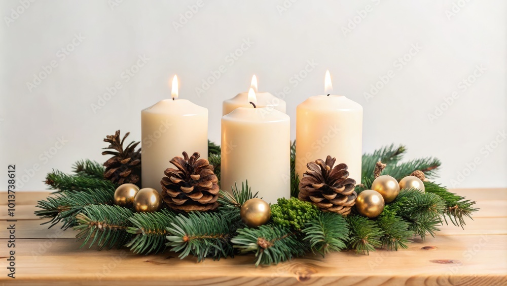 Cozy Advent wreath featuring four candles, pinecones, and golden ornaments on a wooden surface. Cozy Advent wreath featuring four candles, pinecones, and golden ornaments on a wooden surface.