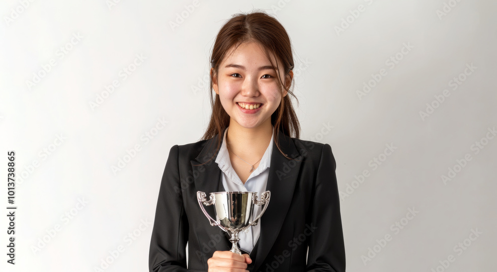 Adorned in stylish blue business attire, a jubilant Japanese girl beams with joy as she proudly holds a gold trophy against a white background. Adorned in stylish blue business attire, a jubilant Japanese girl beams with joy as she proudly holds a gold trophy against a white background.