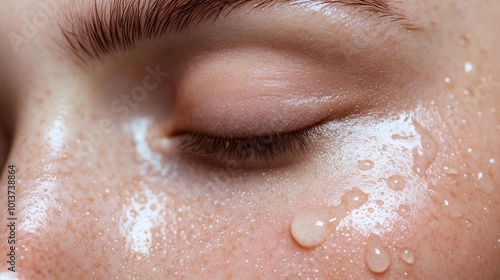 A woman's face glistens with a skincare product, showcasing healthy skin and the effects of hydration in gentle lighting. Generative AI