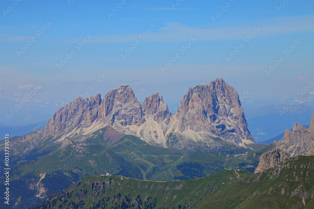 Spectacular view of the DOLOMITES mountains in the Italian Alps with the Sasso Lungo mountain group in Italy Spectacular view of the DOLOMITES mountains in the Italian Alps with the Sasso Lungo mountain group in Italy