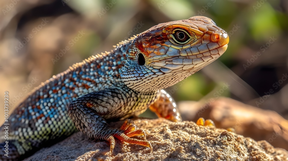 Lizard basking on a rock in natural sunlight, highlighting its detailed scales and the earthy tones of its desert habitat. Lizard basking on a rock in natural sunlight, highlighting its detailed scales and the earthy tones of its desert habitat.