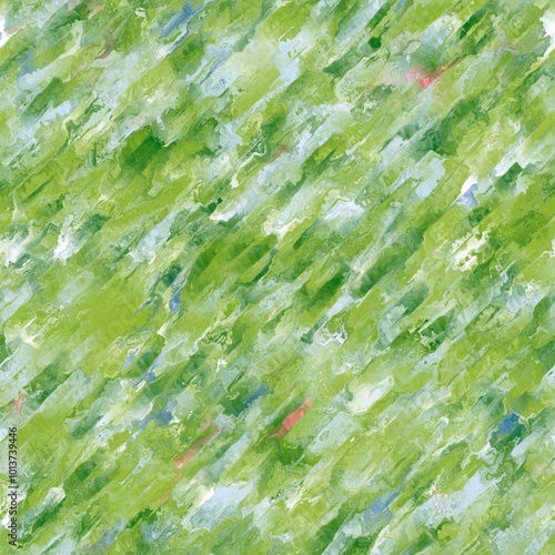 Abstract multicolored diagonal brush strokes with reflection. Tree green, light olive green, pink rose, dusty blue and white colors on the white background. Seamless hand drawn pattern.