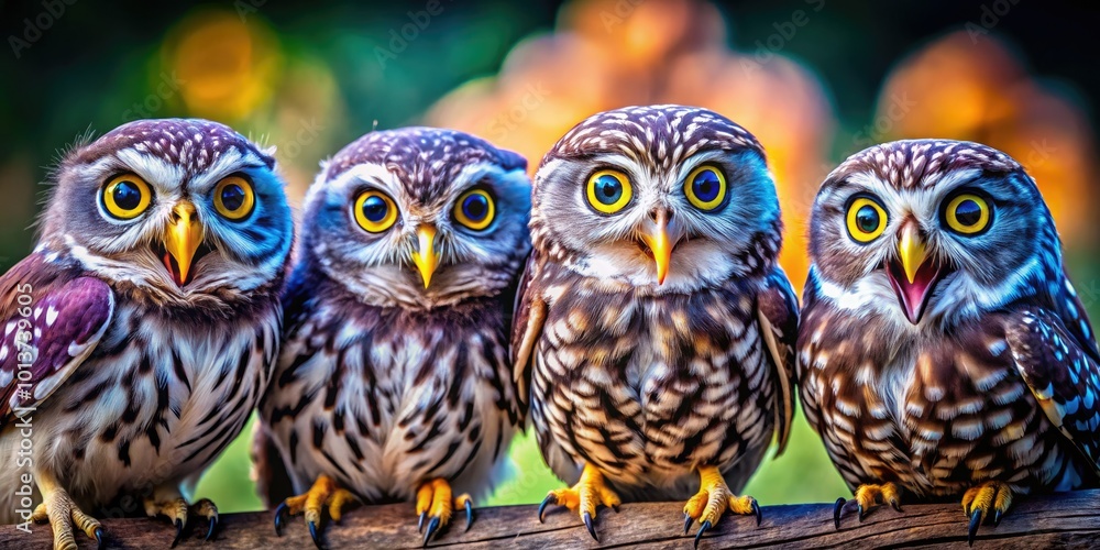 Delightful owls captured in amusing poses and funny expressions, highlighting the whimsical charm of nature's nighttime creatures and their playful antics under the moonlit sky. Delightful owls captured in amusing poses and funny expressions, highlighting the whimsical charm of nature's nighttime creatures and their playful antics under the moonlit sky.