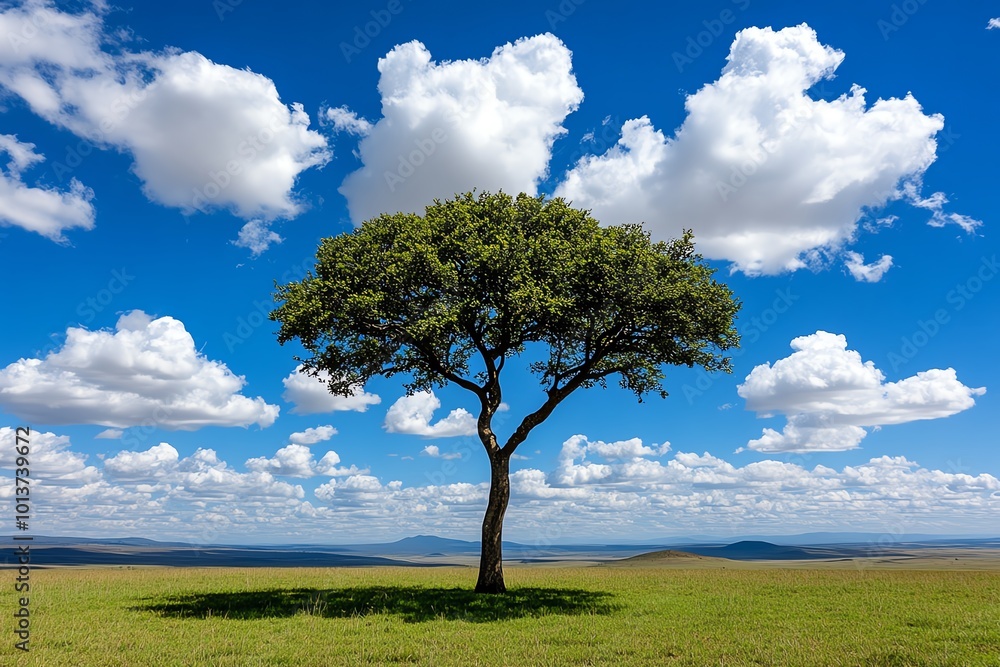 A lone acacia tree standing tall in the middle of the savannah, with distant mountains and the expansive sky framing the landscape, capturing the iconic beauty of the savannah A lone acacia tree standing tall in the middle of the savannah, with distant mountains and the expansive sky framing the landscape, capturing the iconic beauty of the savannah