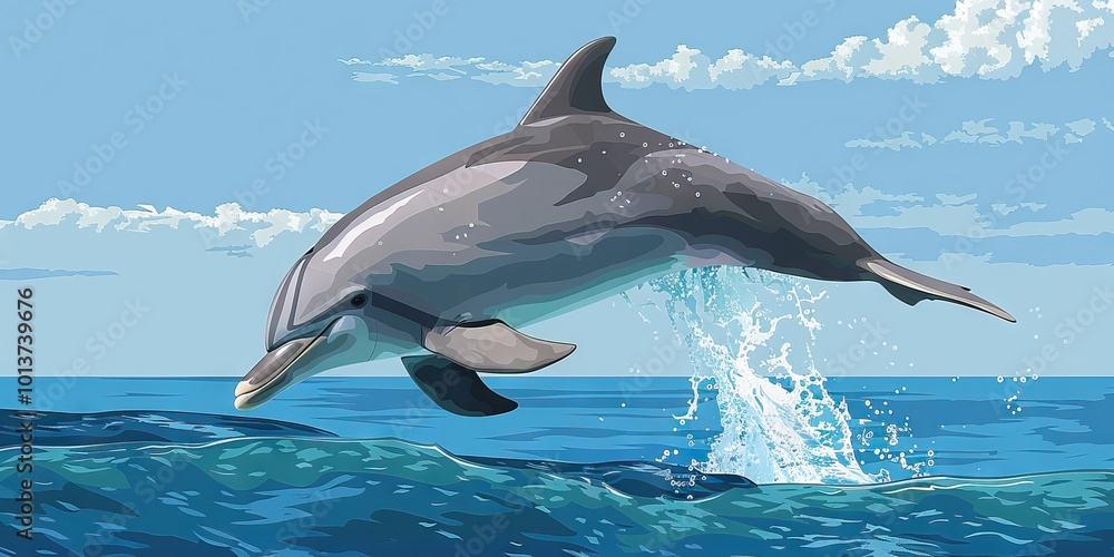Fototapeta premium A playful dolphin leaping out of the ocean, its gray body contrasting against the deep blue sea and tropical sky.