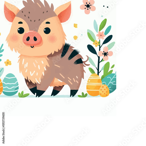 Cute Wild Boar in Spring Animals Theme Vector Illustration on White Background