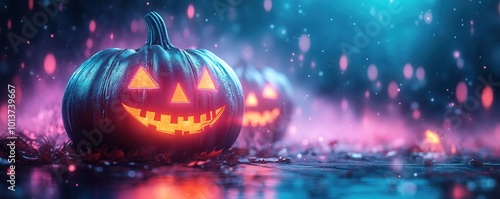 Synthwave inspired Halloween banner with pumpkins and geometric shapes, futuristic style, copy space. Retro futurism, 80s nostalgia, cyberpunk aesthetic