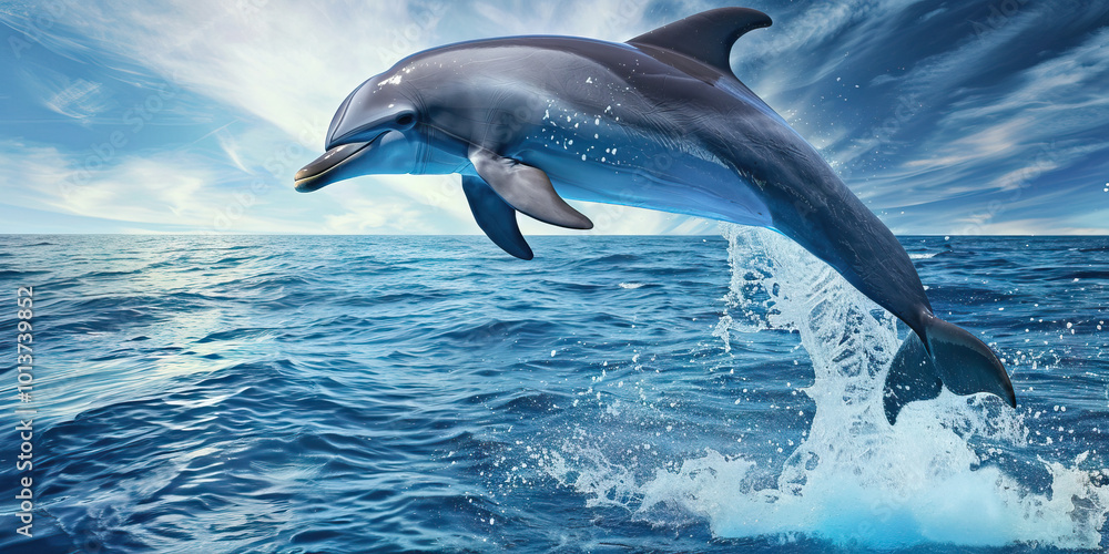 Obraz premium A playful dolphin leaping out of the ocean, its gray body contrasting against the deep blue sea and tropical sky.