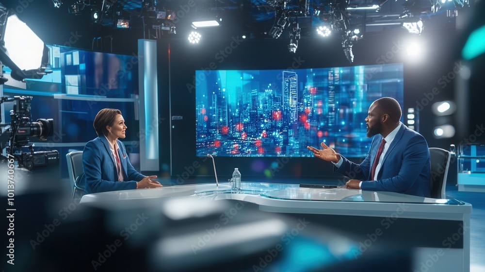 Two news anchors are sharing insights in a contemporary broadcasting ...