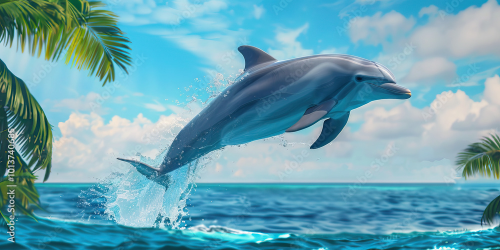 Naklejka premium A playful dolphin leaping out of the ocean, its gray body contrasting against the deep blue sea and tropical sky.