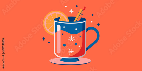 Flat-style illustration of mulled wine with citrus and spices on orange background