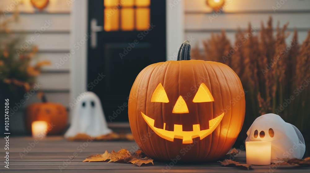Halloween pumpkins with sinister faces glowing on a front porch, surrounded by ghost decorations and dim lanterns Halloween pumpkins with sinister faces glowing on a front porch, surrounded by ghost decorations and dim lanterns