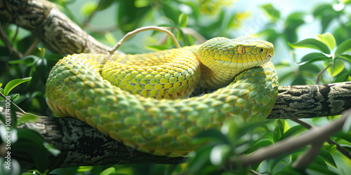 A slithering snake coiled around a tree branch, its green and yellow scales blending into the lush greenery. photo