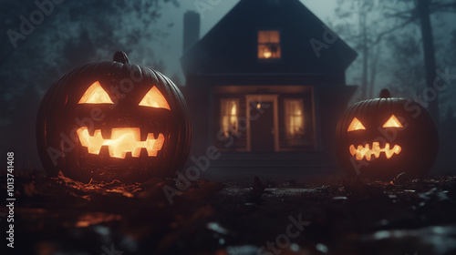 Wallpaper Mural Spooky Halloween pumpkins with glowing eyes placed on the front steps of a house, surrounded by eerie fog and ghostly decorations Torontodigital.ca