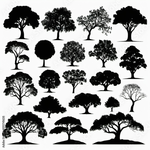 set of trees silhouettes