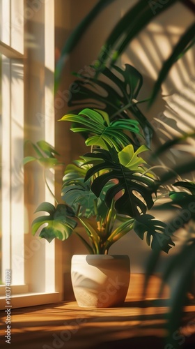 Houseplant on the windowsill, 4K hyperrealistic photo