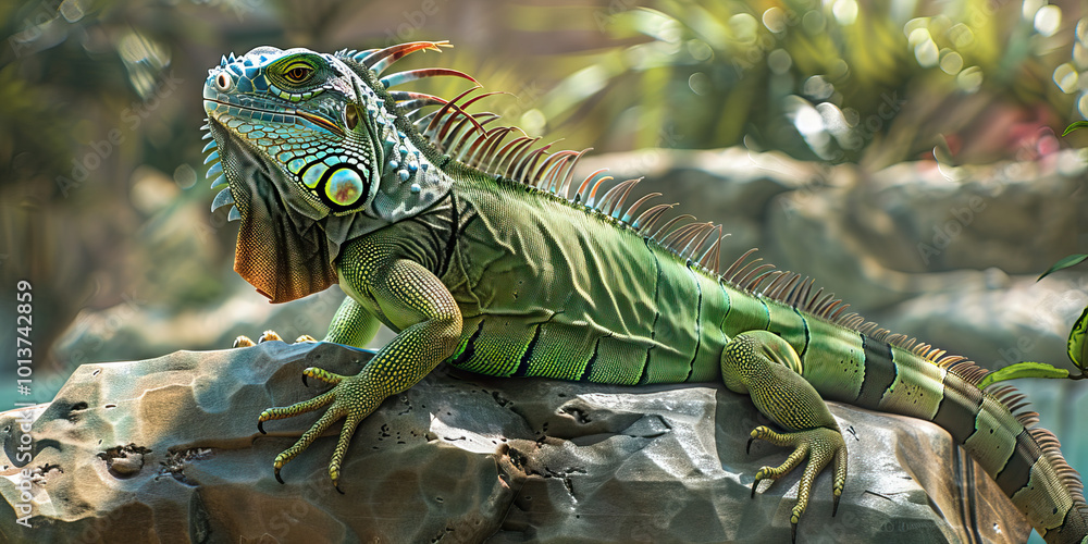 A green iguana perched on a rock in its enclosure at the animal hospital. A green iguana perched on a rock in its enclosure at the animal hospital.
