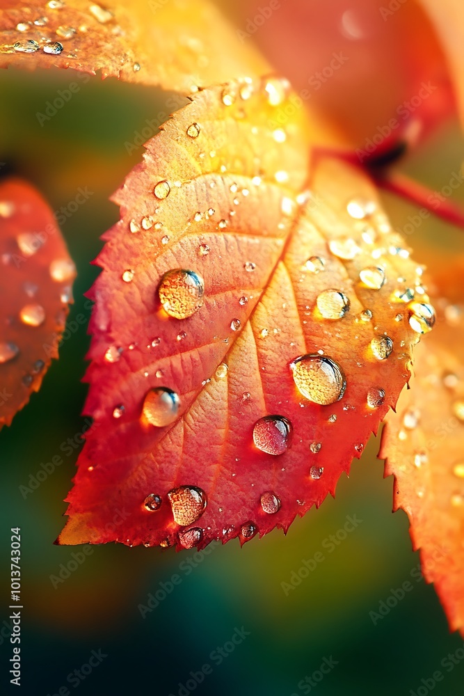 Closeup of red autumn leaf with raindrops Closeup of red autumn leaf with raindrops
