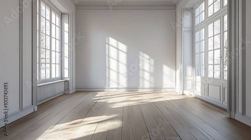 Wallpaper Mural Empty room with hardwood floors and large windows. Sunlight streams in, casting shadows on the white walls. Torontodigital.ca