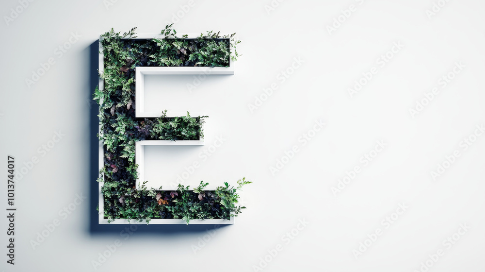 A white letter E formed with potted plants and vines. The letter is against a white wall with lots of negative space. A white letter E formed with potted plants and vines. The letter is against a white wall with lots of negative space.