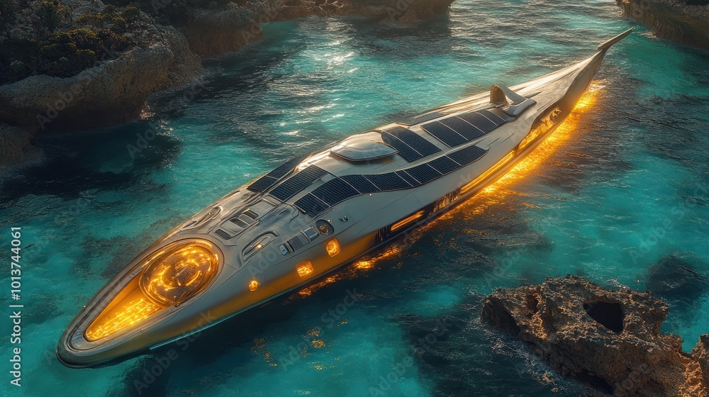 Futuristic solar powered boat in a tropical lagoon, with glowing lights. Futuristic solar powered boat in a tropical lagoon, with glowing lights.
