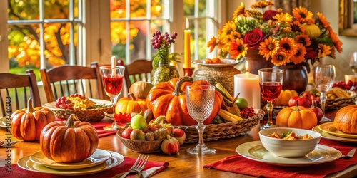 Elevate your Thanksgiving with beautiful decorations and cheerful table arrangements, setting the scene for a joyful celebration full of gratitude and warmth.