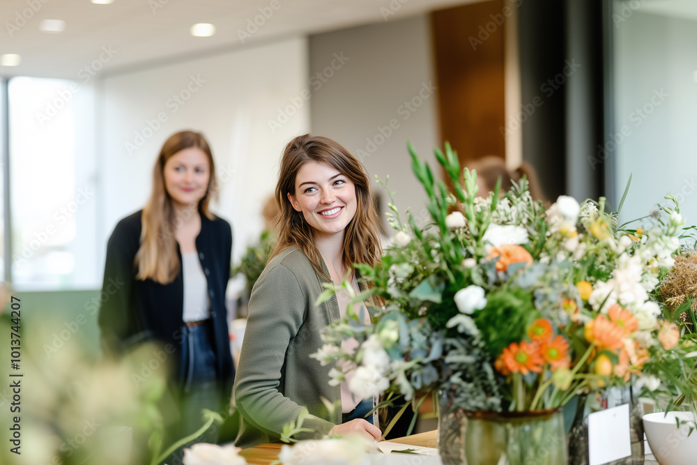 Cheerful Woman Among Fresh Flowers Cheerful Woman Among Fresh Flowers