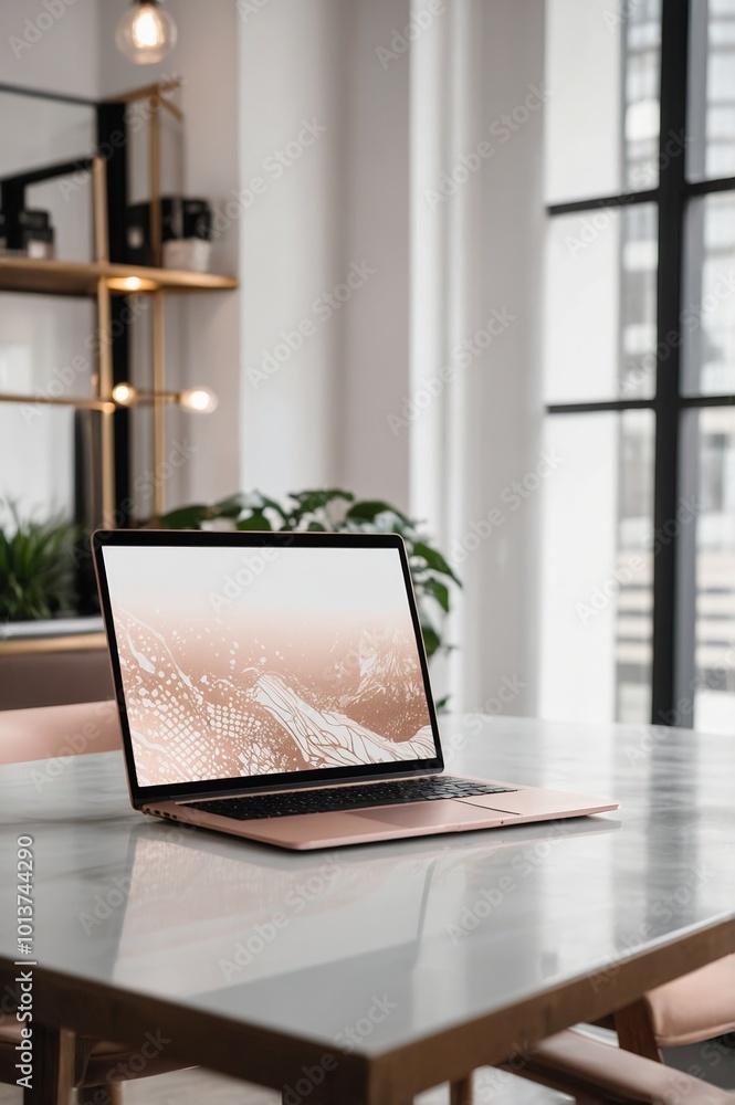 Desk Laptop with blank screen on table. Blank screen laptop computer on table at home. Desk Laptop with blank screen on table. Blank screen laptop computer on table at home.