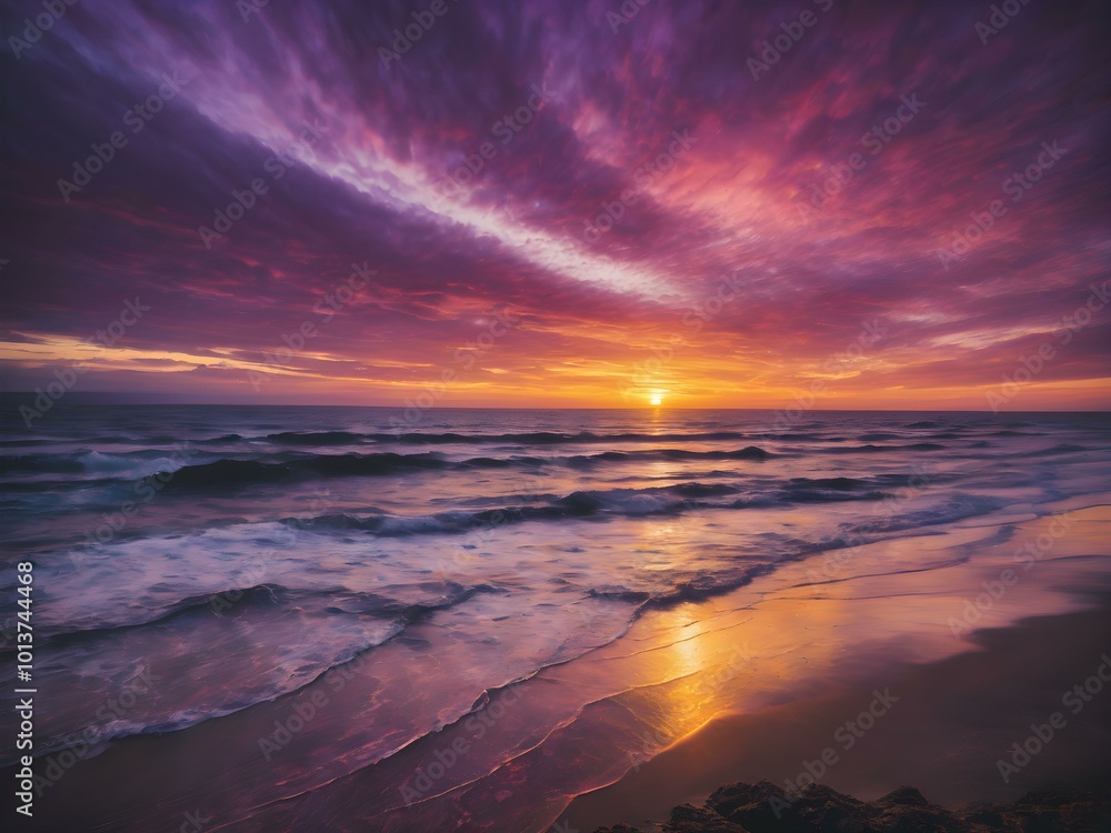 Fototapeta premium A colorful sunset sky over the ocean, with streaks of purple, pink, and gold blending together as the sun dips below the horizon