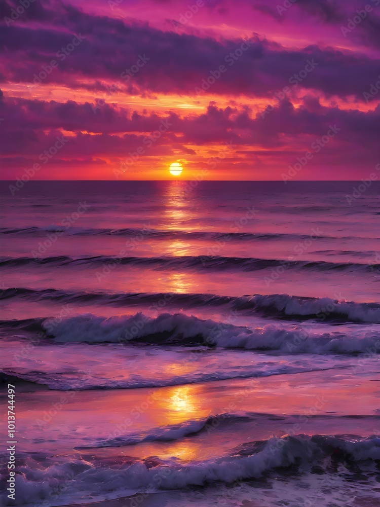 Fototapeta premium A colorful sunset sky over the ocean, with streaks of purple, pink, and gold blending together as the sun dips below the horizon 