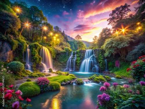 Enchanted Fairy Landscape with Lush Greenery, Sparkling Waterfall, and Mystical Atmosphere at Dusk