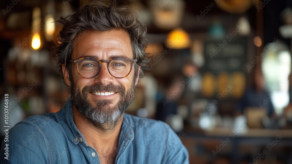 a smiling bearded man with glasses enjoys a casual moment in a cozy setting exuding warmth and friendliness his relaxed demeanor invites connection and conversation in a comfortable environment a smiling bearded man with glasses enjoys a casual moment in a cozy setting exuding warmth and friendliness his relaxed demeanor invites connection and conversation in a comfortable environment