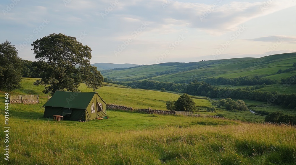 A lone green tent sits in a grassy field, overlooking a valley with rolling hills and a winding river. The sky is a soft blue with a few fluffy clouds. A lone green tent sits in a grassy field, overlooking a valley with rolling hills and a winding river. The sky is a soft blue with a few fluffy clouds.