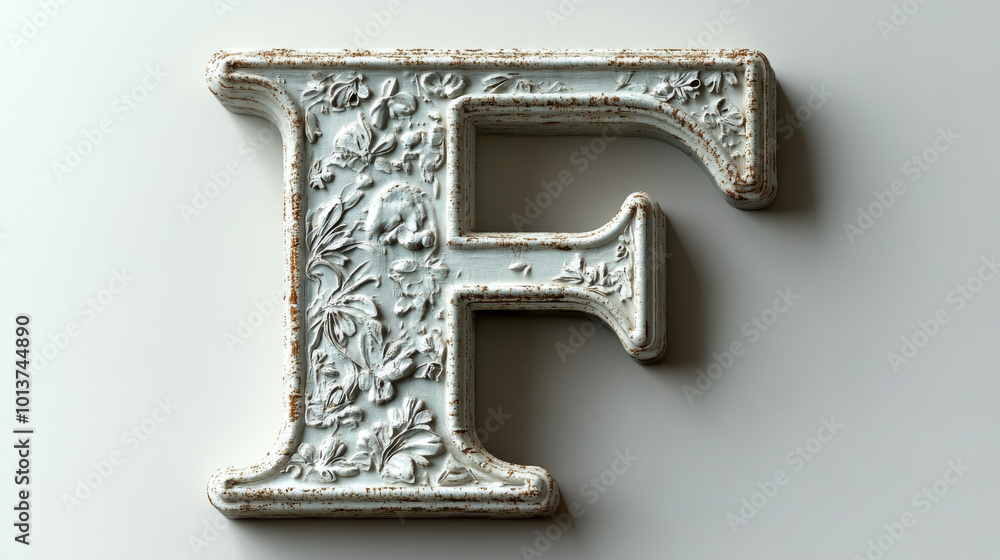 A white letter 'F' with an ornate design carved into the surface, against a light gray background. A white letter 'F' with an ornate design carved into the surface, against a light gray background.