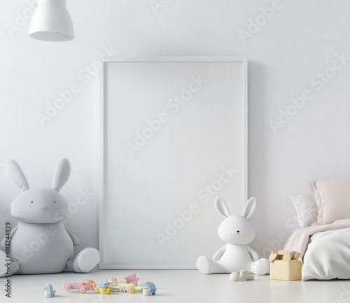 A playful children's room setting, featuring large plush bunnies, scattered toys, and a big blank white canvas on the wall. photo